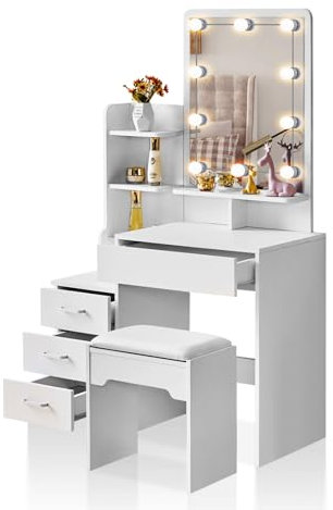 TUKAILAI Schminktisch mit LED Beleuchtung und Hocker, Frisiertisch 80 cm Breite, Verstellbare 3-Farben Licht, Kosmetiktisch mit 4 Schubladen, Stabiles Design, Weiß für Schlafzimmer