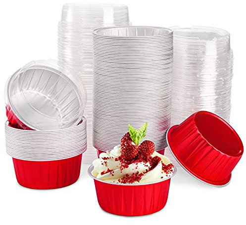 DEAYOU 100 Pieces Aluminum Foil Baking Cups with Lids, 5oz/125ml Disposable Ramekins Muffin Cups, 3 Cupcake Foil Liners Tart Pie Tin Pan Holder for Pudding, Souffle, Party, Wedding, Red Color