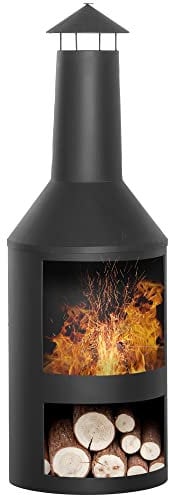 Outsunny Chimenea de Jardín de Metal Estufa de Terraza con Cámara de Fuego Rejilla de Almacenamiento de Leña Techo para Humo y Atizador para Exterior Ø44,5x133 cm Negro