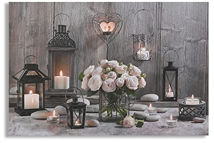 Art For The Home Cosy Cottage LED Printed Canvas - Natural, Grey & Pink Wall art - Framed LED Canvas - Traditional wood & floral photographic design - Smooth texture - Cover for small cracks