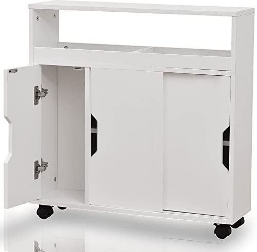 BAKAJI Armario Ahorro de Espacio Ideal para baño, Cocina y Espacios Estrechos, Mueble de Almacenamiento Delgado Blanco,con Ruedas giratorias de 360°, 2 Puertas correderas y 1 batiente, 70 x 20 x 71cm