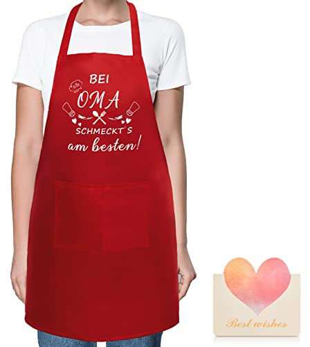 SATINIOR Oma Geschenk Oma Schürze Geburtstagsgeschenk Weinrot Kochschürze mit Spruch Bei Oma Schmeckt's Am Besten Küchenschürze mit Muttertag Grußkarte für Oma Muttertag Geschenk Deko
