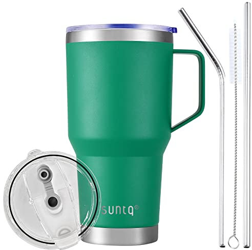 SUNTQ 30oz Tumbler with Handle - Reusable Travel Coffee Cup with Straw & Lid - Double Wall Vacuum Insulated Coffee Mug - Stainless Steel Thermal Cup for Hot and Cold Beverages(Green)