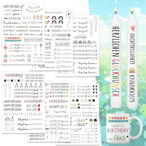 Kerzentattoos – 6 Stück A4 Kerzen Tattoo Folie in Profiqualität, Wasserschiebefolie für DIY-Kerzen, Happy Birthday Motive, Kerzenaufkleber für Geburtstag und kreative Geschenkideen(Geburtstag)