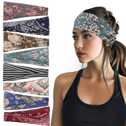 8 Stück Haarbänder Damen, Elastisches Stirnband Damen Sommer Breites Kopfband Weiches Haarband Mehrfarbig Blumendruck Schweißabsorbierend für Lauf Yoga Fitness