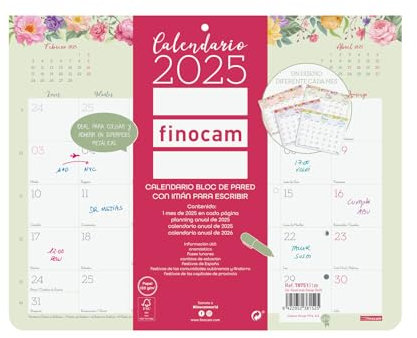 Finocam Wandkalender mit Magnet zum Schreiben 2025, Monatsansicht Januar 2025 – Dezember 2025 (12 Monate), Spanisch