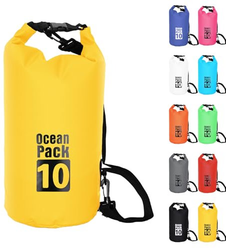 10L Gelb Wasserdichte Tasche, Dry Bag 2L/5L/10L/15L/20L/30L mit Verstellbarem Gurt, Schützt Telefon/Karte, Roll Top Wasserdichter Beutel Rucksack für Schwimmen/Rafting/Kajak/Bootfahren/Camping/Strand