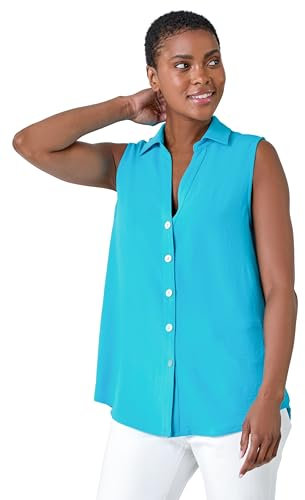 Roman Sleeveless Shirt for Women UK Ladies Blouse Top Button Through Summer Smart Casual Work Cocktail Party Office Holiday Special Occassion Evening Going Out - Turquoise - Size 10