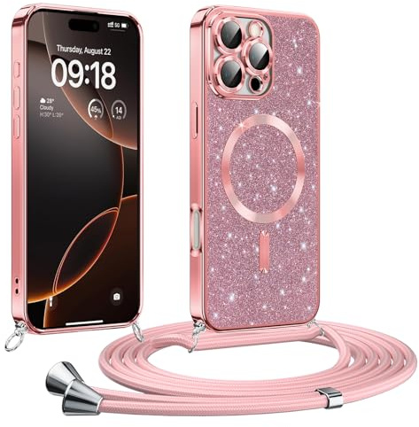 Phoona Glitter Funda para iPhone 16 Pro 6,3 Pulgadas con Cuerda, Ajustable Teléfono Cordón, Compatible con MagSafe, Anti-Caída, Carcasa Protectora Silicona AntiChoque, Rosa