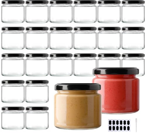 YBCPACK 24 Stück Marmeladengläser Klein mit Deckel 150ml, Einmachgläser mit Schraubdeckel, Luftdicht & Spülmaschinenfest - Kleine Schraubgläser mit Etiketten und Stift für Marmelade, Joghurt, Honig
