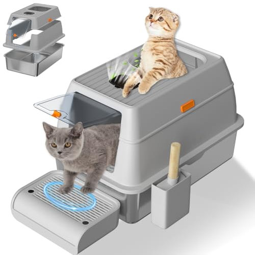 Stainless Steel Cat Litter Tray with Lid XXL Extra Large Litter Box 47L Odour-Resistant Stainless Steel Litter Tray for Big Cat with Scoop, Step Never Absorbs Odor, Non Stick Surface Black