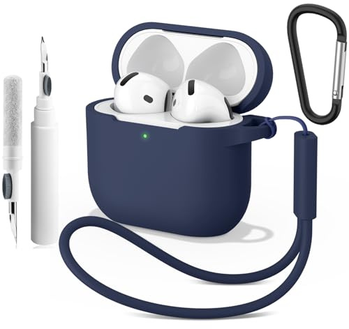 YLK Funda Compatible con AirPods 4 2024 con Kit de Limpieza, LED Frontal Visible, Funda Protectora de Silicona a Prueba de Golpes con Llavero y Cordón (Azul Medianoche)