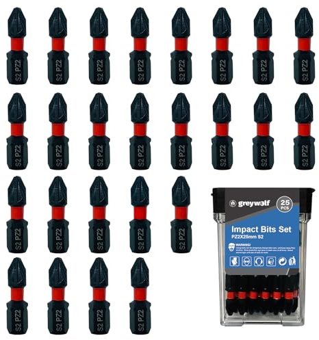 Greywolf 25 pcs Impact Bits, S2 Steel PZ2 Non-Slip Phillips Screwdriver Bits, 1/25mm Magnetic Screwdriver Bit Set, 1/4 Hex Shank, Suitable for Electric Drills, Impact Drills