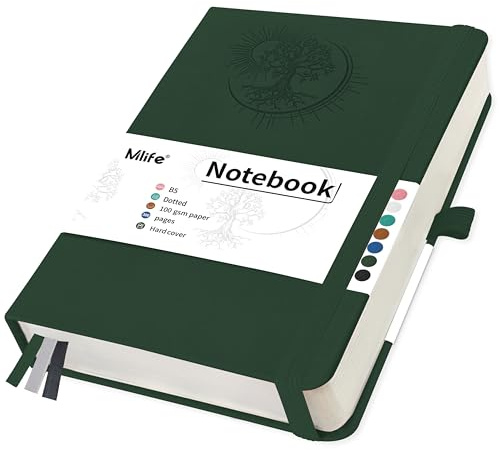 Mlife Notizbuch B5 Dotted mit Lebensbaum-Design,300 Seiten,100gsm Liniert Papier,PU-Cover Notizbuch,Elastisches Band,Stifthalter,3 Lesezeichen-für Frauen Männer,19.5 * 25.5cm(Dunkelgrün)