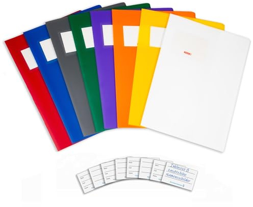 Brunnen FACT Hefthüllen A4 - Robuste Heftumschläge aus stabilem Kunststoff mit auswechselbarem Namensschild - Heftschoner Set farbig sortiert (8er Set mit Namensschildern)