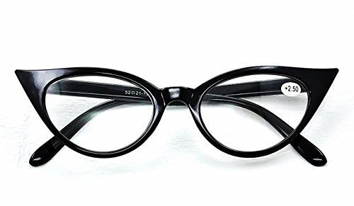 MT57 Retro 1950s 1960s Cat Eye Vintage Fashion Reading Glasses +1.5+2.0+2.5(Shiny Black, 2 x)