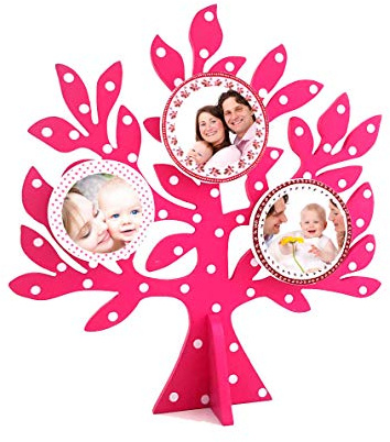 Bilderrahmen Familienbaum Fotobaum Baum mit Ästen aus Holz zum hinstellen 36 cm gross/pink - weiß Babygeschenk Foto Gedächtnisbaum Familie für mehrere Fotos (Pink)