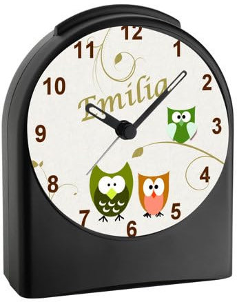 CreaDesign, WU-50-1007-22, Eule Farbe Grün Beige, analog Kinderwecker schwarz, Funkwecker ohne Ticken, mit Licht, personalisiert mit Namen, 9,6 x 5,5 x 11,9 cm, 104 g
