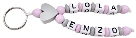 Porte clefs personnalisé 2 prénoms en perles de bois rose coeur