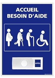 Signalétique.biz France - Panneau de signalisation ACCUEIL BESOIN D'AIDE + Sonnette intégrée (G1167) - 150 x 210 mm - Plastique PVC 1,5 mm - Plastique PVC 1,5 mm