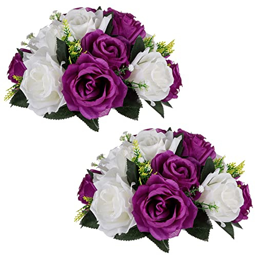 NUPTIO Pcs of 2 Fake Flower Ball Arrangement Bouquet,15 Heads Plastic Roses with Base, Suitable for Our Store's Wedding Centerpiece Flower Rack for Parties Valentine's Day Home Décor (Purple & White)