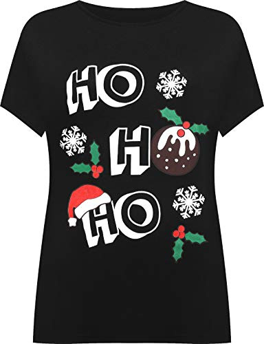 WearAll Women's Plus Short Sleeve Holly Snowflake Christmas Print Long Top Ladies T-Shirt - Black - 22-24