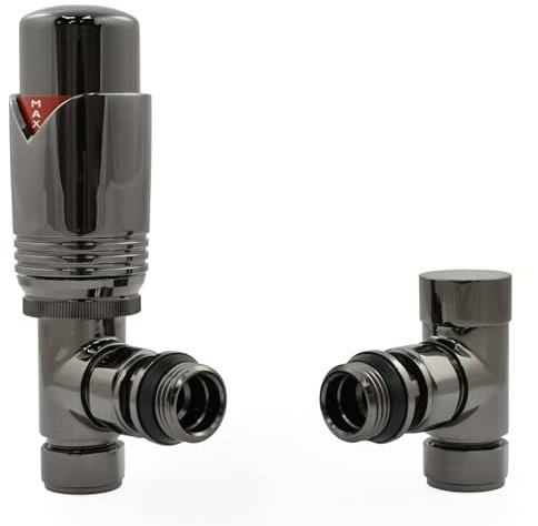 Hot Flow Black Nickel Marella Modern Thermostatic Radiator Valve Angled TRV. Includes Angled TRV Body, Wheel Head and Lock Shield for Quick & Easy Temperature Control.