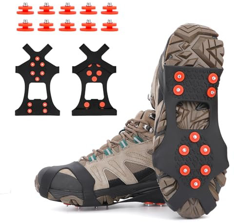 TBoonor Schuhspikes Schuhkrallen Ice Klampen Schnee Spikes Steigeisen Eiskrallen Anti Rutsch mit 10 (Orange Rot, L 40.5-45 (EU))