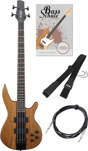 Rocktile Pro LB104-N LowBone E-Bass Set - Longscale E-Bass mit 2 Tonabnehmern & 2 Tonreglern - inkl. Gitarrengurt, Kabel & E-Bass Schule - Natur
