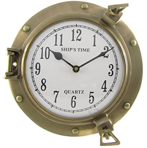 TG,LLC Treasure Gurus Ships Time Solid Brass Porthole Wall Clock Quartz Movement Nautical Coastal Home Decor