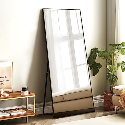 self Full Length Floor Mirror 65×22 Metal Aluminum Alloy Frame Floor Mirror with Standing Holder Standing Hanging or Leaning Against Wall Mirror(Black)