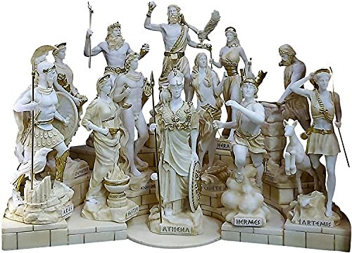 Greek Artworks Set aus 12 zwölf olympischen Göttern griechisches Pantheon aus Alabaster gegossener Statue Skulptur Figurine