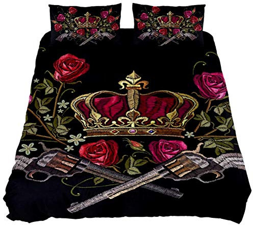 Embroidery Revolvers Golden Crown Guns And Roses Lightweight Bedding Duvet Cover Set Comforter Quilt Cover Zipper for Bedroom