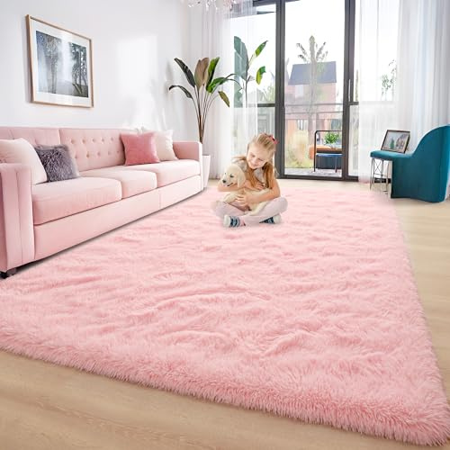 Foxmas Großer Teppich für Wohn-/Schlaf-/Kinderzimmer, flauschiger Hochflorteppich, Plüsch-Nursery-Teppich, weicher Teppich für Jungen, Mädchen, Studentenwohnheim, 152 x 244 cm, Rosa