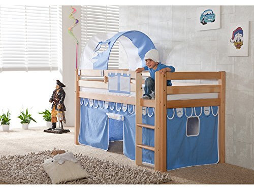 Relita Hochbett Alex mit Stoffset blau/weiß, Buche massiv Natur lackiert