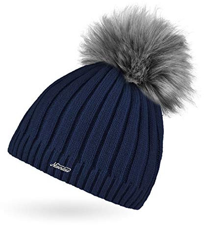 Neverless® Damen Strick-Mütze gefüttert Fell-Bommel Kunstfell Bommelmütze Fleece-Innenfutter Navy