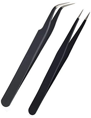 AIEX 2 Pièces Pinces à Cils, Pinces à Extension de Cils en Acier Inoxydable Pinces à Cils à Pointe Droite et Courbée (Noir)