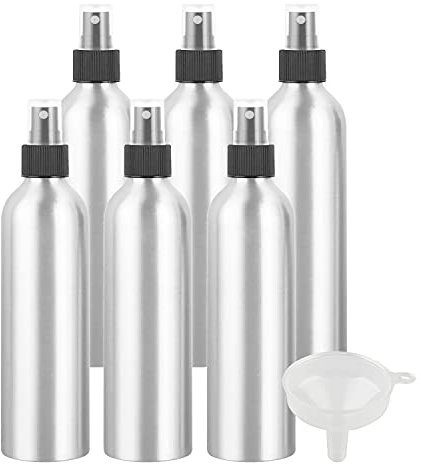 ZEOABSY Pack of 6 Empty 250ml Silver Aluminium Spray Bottle Refillable Aluminum Bottles with Black Fine Mist Sprayer Metal Spray Bottles for Perfume Hair Garden Travel, Funnel