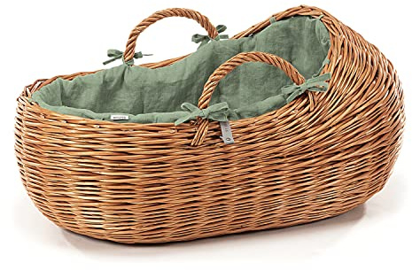 e-wicker24 Alles aus Weide DESAYER Wicker BABYBETT/NATÜRLICHER HANDgewebter Moses-Korb MIT LEINEN BETTWÄSCHE Oeko-TEX Standard 100, UMWELTFREUNDLICHES TRAGBARES BABYBETT