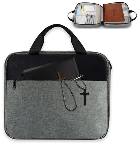 SOONHUA Grande custodia per libri per il trasporto, impermeabile, con manico e tasca con cerniera, per Bibbia di dimensioni standard, multi tasche, regalo per amici, famiglia, donne, uomini, Grigio e