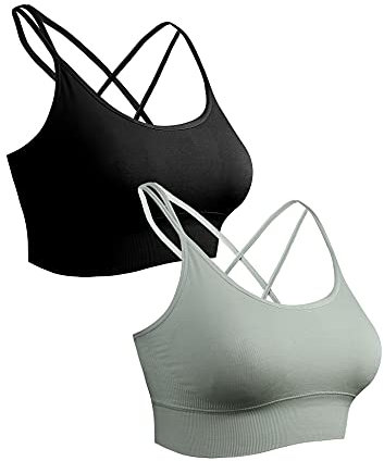 Sykooria Sport BH Damen Gepolstert Bustier Damen BH ohne Buegel Spaghettiträger Cross Back Design Push up BH Sport Bra Top für Yoga Fitness, Schwarz+G, AMB00393_B+G_L