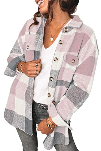 Saslax Camicia da donna in velluto a coste a maniche lunghe oversize con bottoni e scollo a V, bluse top, shacket giacca larga, a quadretti, rosa, piccola