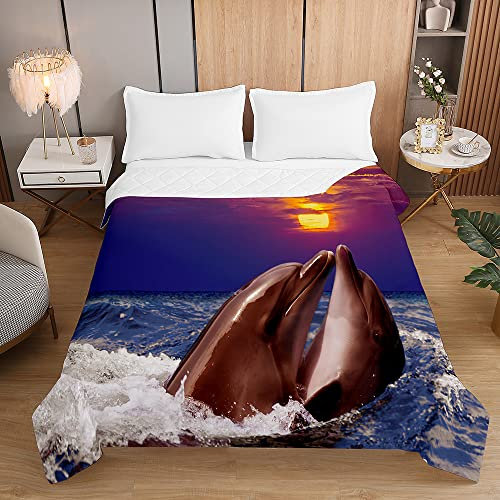 Chickwin Tagesdecke Bettüberwurf Sommer Steppdecke, 3D Delfin Muster Tagesdecken mit Präge Wohndecke aus Mikrofaser Gesteppt Bettdecke Bettbezug für Einzelbett Doppelbett (150x200cm,Violett)