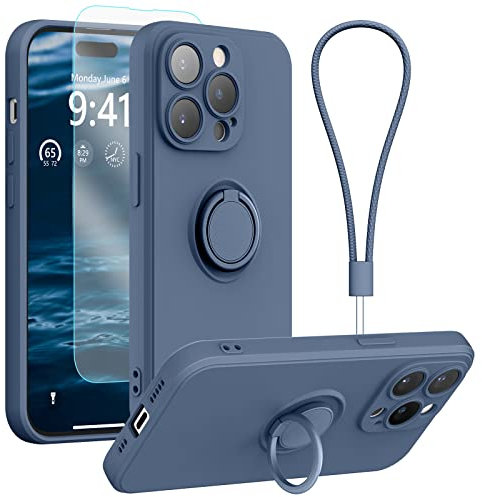pcgaga Silicone Phone Case for iPhone 14 Pro with Screen Protector [Ring Holder Stand] [Wrist Strap] [Microfiber Lining] Slim Shockproof Protective Cover, 6.1 Inch, Blue