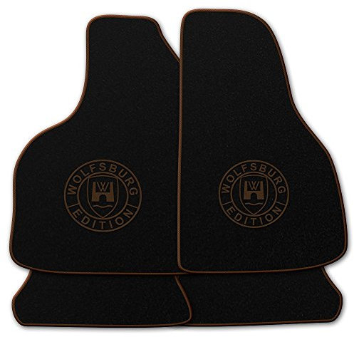 AUTOTEPPICH-Stylers NF100 Schwarze Fußmatten passend für VW Golf 4 mit LOGO Wolfsburg Edition WOB und Rand in braun