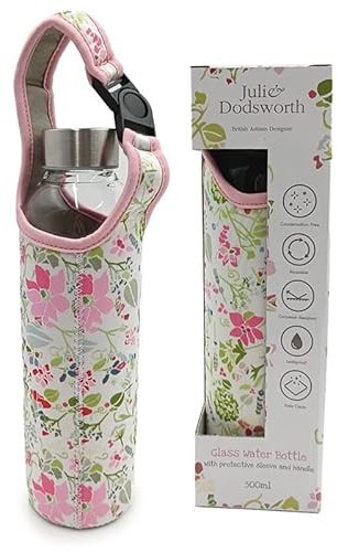 Puckator BOT223 Julie Dodsworth Pink Botanical Reusable Glass Water Bottle with Protective Neoprene Sleeve with Strap