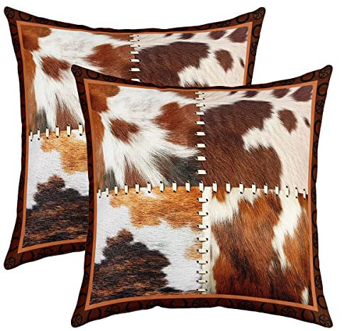 Bauernhaus Kuhfell Kissenbezüge 45x45cm 2er Set Kissenbezüge für Kuhfell Bedruckt Sofakissen Couchkissen Western Bauernhof Tier Haut Kissenbezug Kissenhülle Schlafzimmer Gitter Braun Weiß Dekokissens