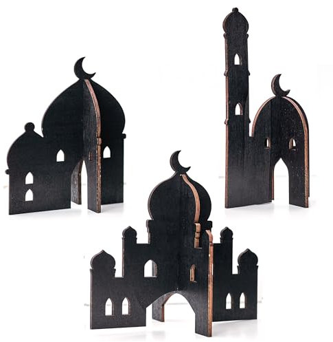 Papierdrachen 3 Verschiedene Holz Moscheen zum Stecken - Ramadan Dekoration - Leichter Aufbau - Tischdekoration Eid Mubarak - schwarz - wiederverwendbar -