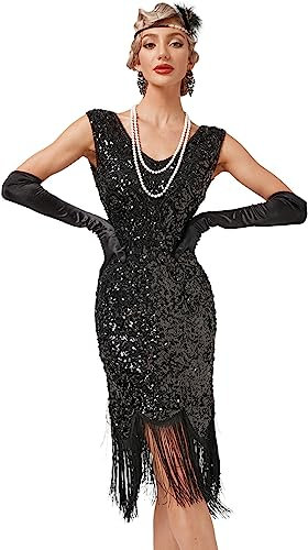 Odizli 20er Jahre Kostüm Damen Vintage Gatsby Glitzer Pailletten 1920er Charleston Flapper Fransenkleid Frauen Sexy Ärmellos V-Ausschnitt Kurz Abendkleid Hochzeit Party Cocktailkleid Schwarz S