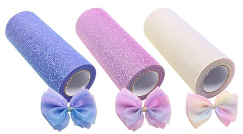 Kellegour 3 Rolle Regenbogen Glitzer Tüll Rollen,Regenbogen Tüll Rolle,mit Ausgehöhlte Schneeflocken,Tüll Basteln,Dekostoff Tüllband für Hochzeit Party DIY Bankett Deko Tische Geschenk Bogendekoration